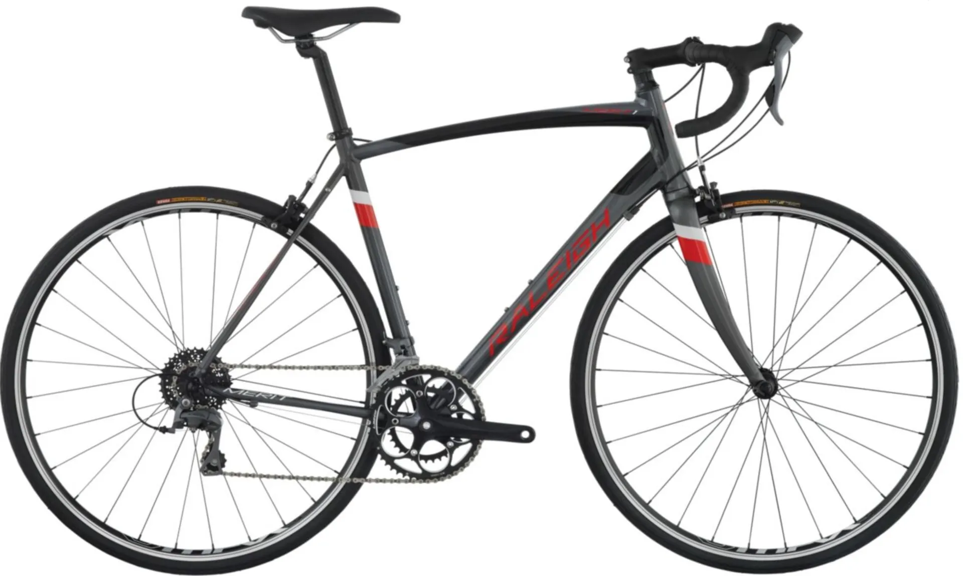 A charcoal road bike with red accents and drop handlebars