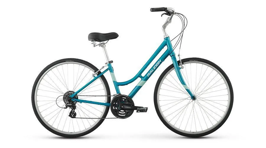 A teal step-through comfort bike